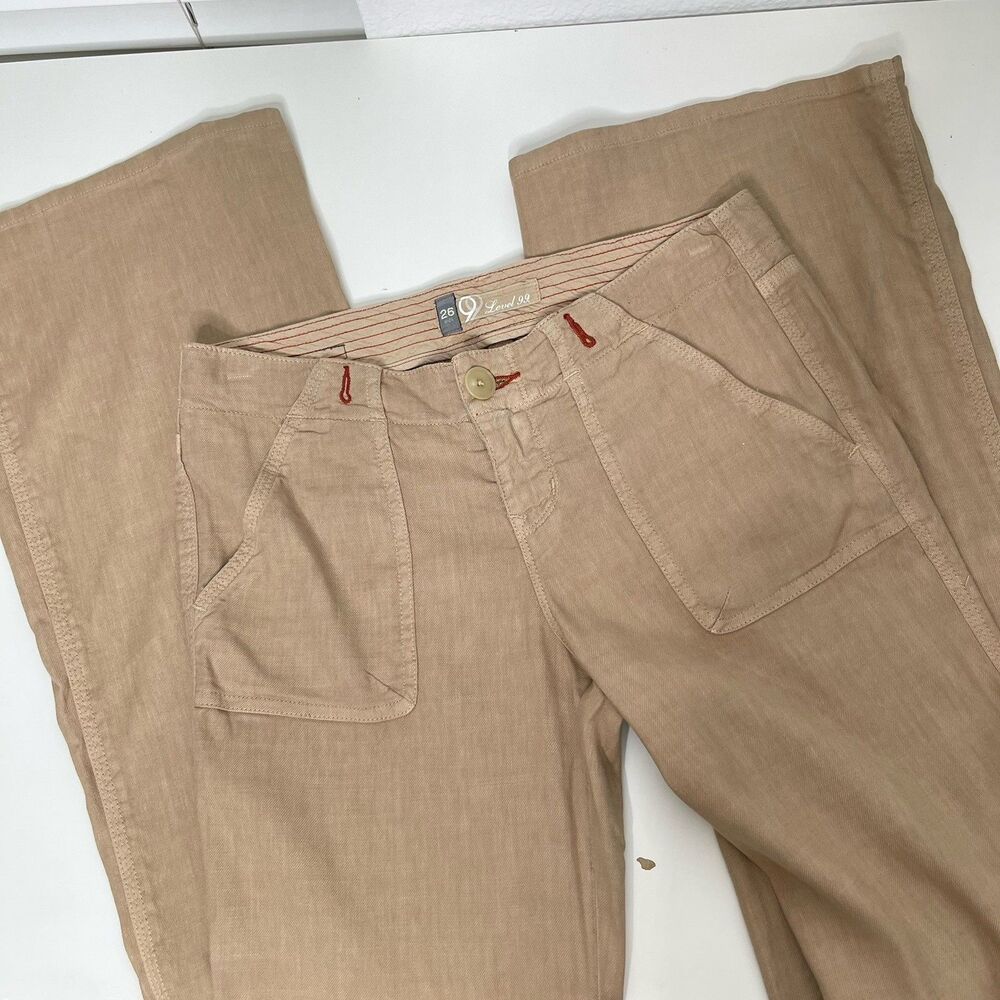 LEVEL 99 Linen Blend Pants Sz 26 32" Low Rise Tan Flared California Casual Beach